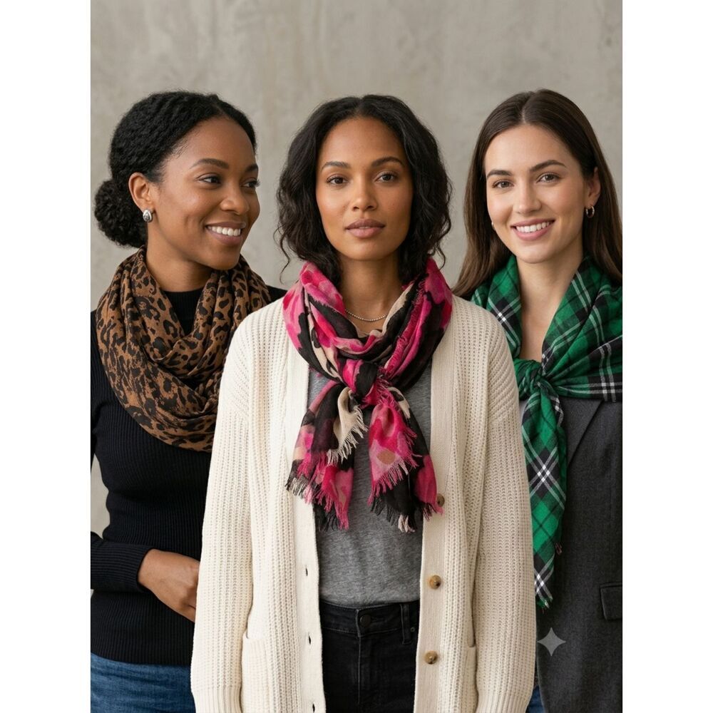 3 Sheer Infinity scarves Black & Roses/Green Tartan/Leopard